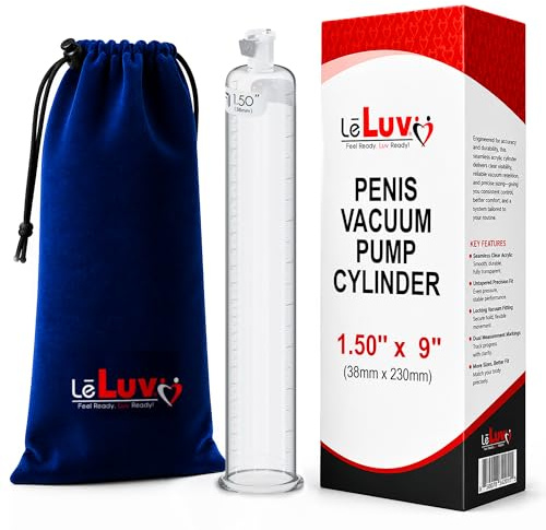 LeLuv Vacuum Cylinder for Enhancement Pumps Seamless Untapered Medical-Grade Clear Acrylic with Measurement Marks and Locking Fitting 1.50 inch x 9 inch