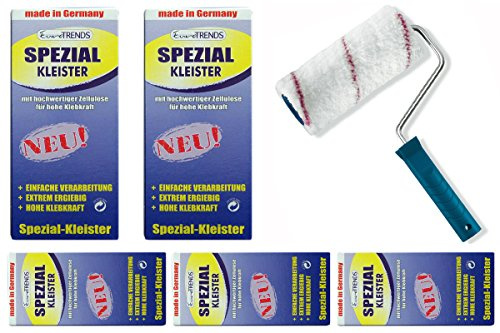 Kleister-Set: 5 Packungen Spezial Kleister 200g + Kleisterroller 18cm zum Tapezieren schwerer Tapeten wie Rauhfaser und Vinyltapeten