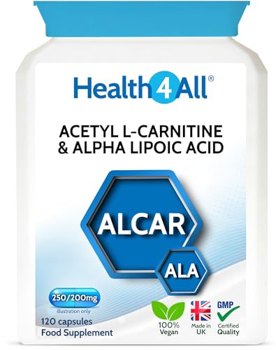 Acetyl L-Carnitine 250mg & Alpha Lipoic Acid 200mg 120 Capsules, Vegan ALCAR & ALA Supplement for Brain Function, Focus, Memory, Cognitive Performance & Mitochondrial Energy - Made in UK by Health4All
