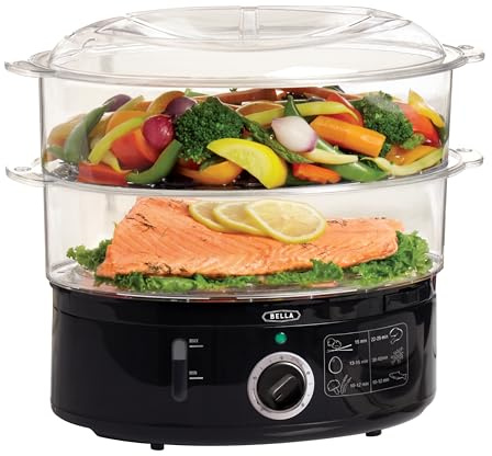 BELLA Two Tier Food Steamer with Stackable Baskets & Removable Base for Fast Simultaneous Cooking - Auto Shutoff & Boil Dry Protection, 7.4 QT, Black
