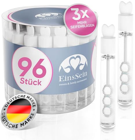EinsSein Seifenblasen Hochzeit Lovegläschen 96 Stück weiß | Herzseifenblasen mit Herzgriff | Mini Hochzeit Seifenblasen fleckenfrei | Gastgeschenke für Hochzeit Taufe Geburtstag Verlobung