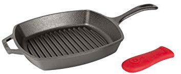 Lodge L8SGP3ASHH41B Gusseisen-Grillpfanne mit rotem Silikon-Griffhalter, vorgewürzt, 26,7 cm