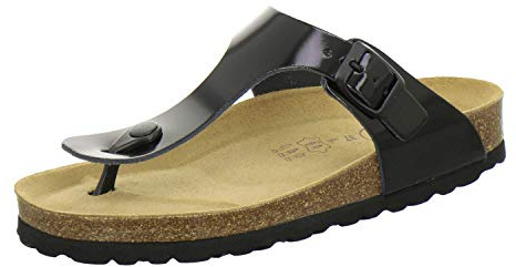 AFS-Schuhe 2107, modische Zehentrenner Damen Sandale aus Leder, Bequeme Pantoletten mit Fussbett Made in Germany (41 EU, schwarz Lack)