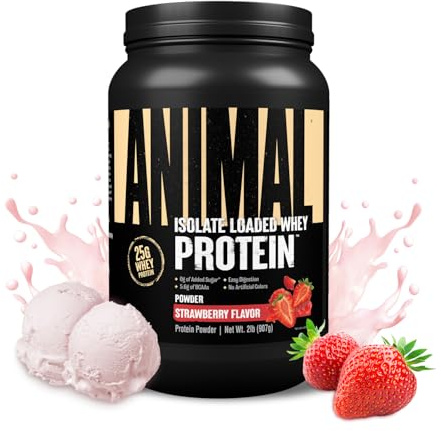 Animal Whey Isolate Protein Powder - Loaded for Pre & Post Workout Muscle Builder and Recovery with Digestive Enzymes for Men & Women - 25g Protein, Great Taste, Low Sugar - Strawberry 2 lbs