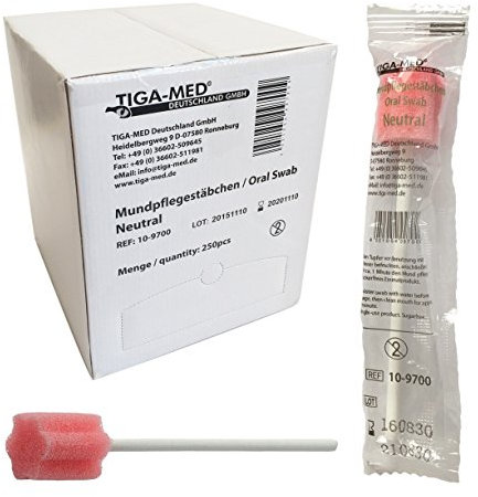 TIGA-MED Mundpflegestäbchen | 250 Stück | mit neutralem Geschmack | in praktischer Spenderbox | pflegende Mundhygiene | einzeln hygienisch verpackt