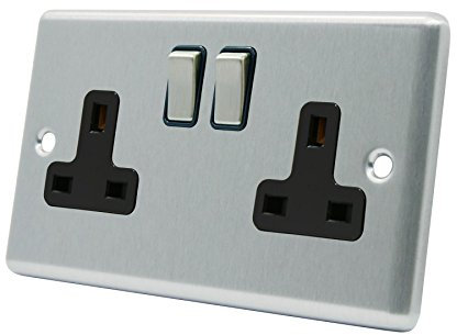 AET CSC2GSOCBS Satin Chrome Classical 2 Gang Black Insert Metal Rocker Switches-13 Amp Double Plug Socket, 250 V