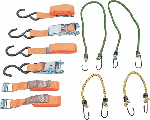 Connex Ladungssicherungs-Set 8-teilig - Vier Zurrgurte & vier Gepäckspanner - Mit wiederverwendbarer Tasche - Aus Polyester & Polypropylen / Spanngurt / Ratschengurt / Spanngummi / DY270644