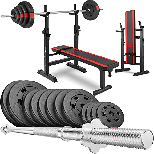 HOP-SPORT® Banc de Musculation Pliable Plat, Support Barre Longue HS-1080 et Ensemble d’haltères: Disques de Poids en Plastique de 69 kg pour Entraînement Complet à Domicile Charge Max. 270 kg, Noir
