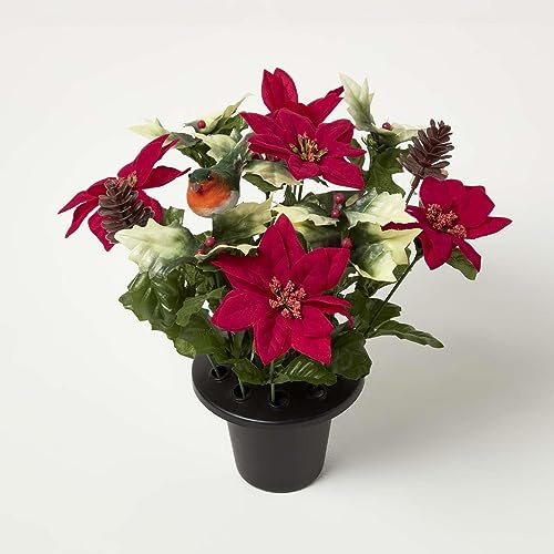 HOMESCAPES Artificial Red Poinsettia Flowers and Faux Holly Grave Pot with Small Red Robin, Memorial Grave Vase for Christmas Decoration, 30 cm Tall