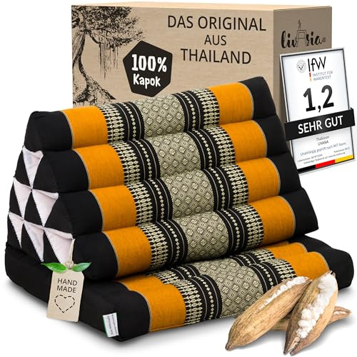 livasia Cuscino Thai 1 segmento - 75x50x8cm - Cuscino Triangolare Cuscino per sedersi, Cuscino a Cuneo kapok, Cuscino per la Schiena Pieghevole, materassino Thai, Fatto a Mano (Nero/Arancione)