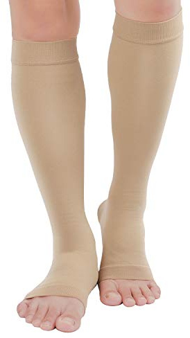TOFLY® Compression Stockings (Pair), Medical Grade Firm Support 20-30mmHg, Opaque, Unisex, Open Toe Knee High Compression Socks for Varicose Veins, Edema, Shin Splints, Nursing, Travel, Beige M