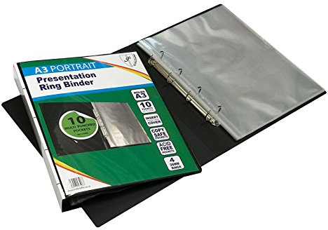 Tiger A3 Deluxe Portrait 4-D Ring Binder Folder File Black Presentation Portfolio + 5 Sleeves