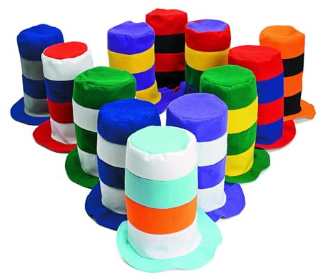 Fun Express Party Hats for Adults - 12 Colorful Striped Felt Stovepipe Hats | Crazy Silly Birthday Party Headwear for Halloween, Carnival & Holiday Events | Premium Tall Top Hat Collection