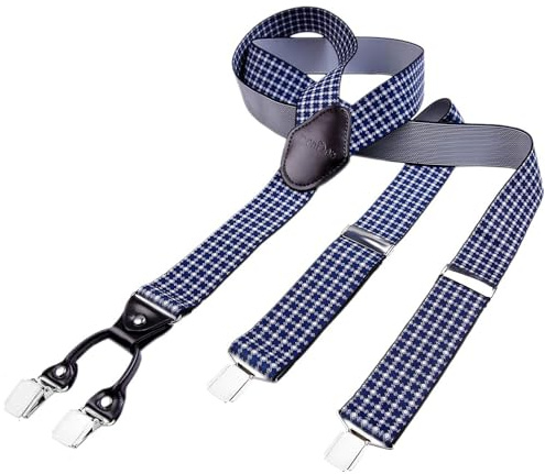 DonDon Bretelle da uomo eleganti extra forti 3,5 cm con 4 clip e toppa in pelle marrone bianche e blu