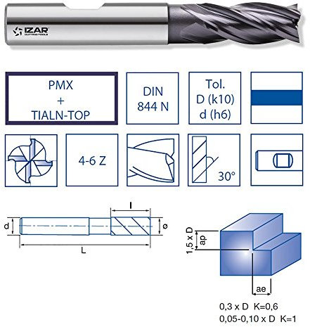 Izar 14895 Fresa Frontal Acabado PMX, TIALN-TOP, 6600, DIN 844 N, 6Z, 30.00 mm Diámetro Corte