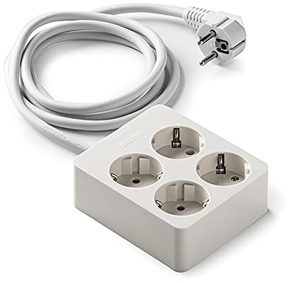 FAMATEL – Regleta de 4 tomas | Estructura cuadrada | Cable de 1,5 m | Hasta 3680W | 16A | 250V | Protección Infantil | Orientación tomas a 45o | Evita consumos fantasma | Blanco