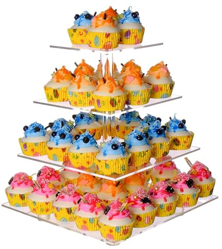 LoveDisplay Cupcake Stand, 4 Tier Cupcake Stand for 50 Cupcakes, Square Tiered Cupcake Tower, Clear Acrylic Cupcake Holder, Dessert Stands for Party, Wedding, Birthday, Baby Shower, Halloween