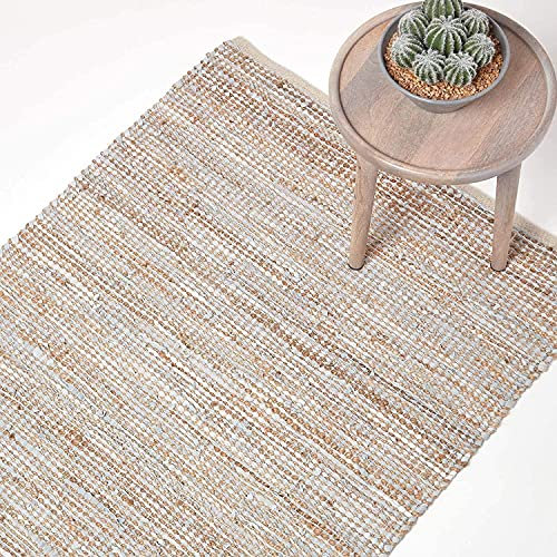 HOMESCAPES Leather Rugs Living Room, Natural Handwoven Madras Leather Hemp Rug, 100% Recycled & Planet Friendly, Large Natural Beige Grey Carpet for Bedroom, Hallway & Kitchen, 90 x 150cm