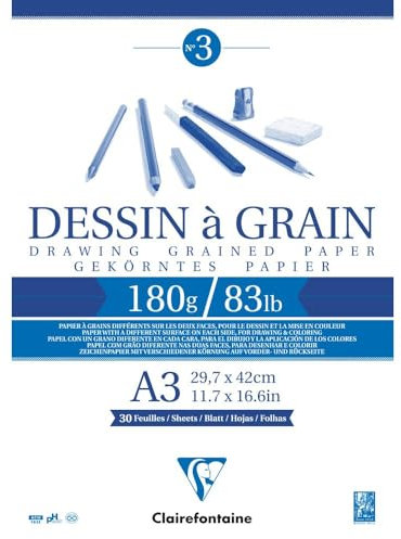 Clairefontaine 96622C Zeichenblock Kopfseitig Geleimt Dessin a Grain, Din A3 29 x 42 cm, 30 Blatt, 180 g, weiß