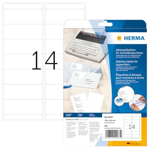 Herma 4433 - Etiquetas de dirección para máquinas de escribir A4, 102x38 mm, papel mate, 280 unidades, color blanco