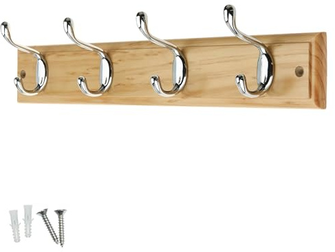Keypak 4 Hook Pine Effect Wall Mounted Coat Rack with 4 Chrome Hooks