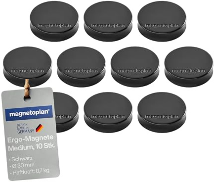 magnetoplan Ergo-Magnete, Medium | ØxH 30x8mm | 10 Stück, schwarz | Extreme Haftkraft von 700g | Für Kühlschrank, Whiteboard, Magnettafel