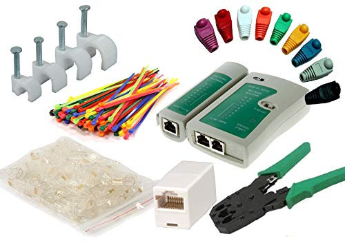 MutecPower Netzwerk Werkzeug Set enthalt: Netzwerk Kabeltester + Crimpzange RJ45 + Modular RJ45 Stecker 50 Stück + 50 Kabelschellen + 50 Anschlussteckers + 50 Kabelbinder + 2 netzwerkkabel Kupplung