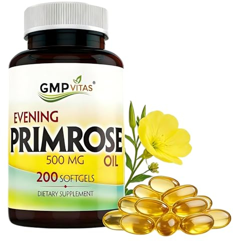 GMP Vitas Evening Primrose Oil 500mg, 200 Softgels, Cold-Pressed with 45mg GLA, Non-GMO, Made in USA, Supports Women’s Hormonal Balance & Skin Health
