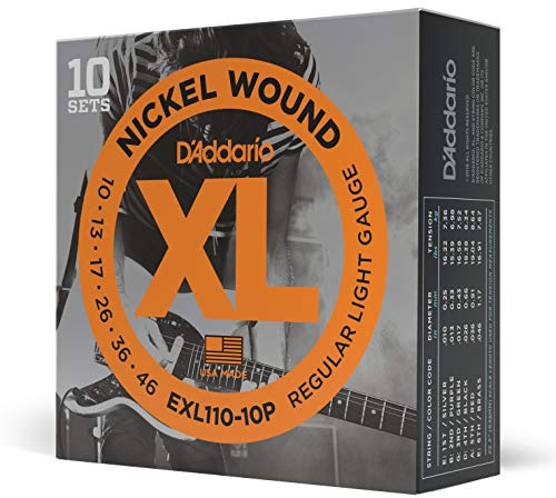 D'Addario EXL110-10P Cuerdas de Guitarra Eléctrica Bobinadas en Níquel, Regular Light, 10-46, 10 Juegos, 10-46, Regular Light, 10-Pack