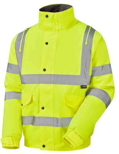 MyShoeStore Hi Vis Bomber Jacket High Viz Visibility Workwear Safety Security Concealed Hood Fluorescent Flashing Hooded Padded Waterproof Work Wear Coat (Yellow,L)