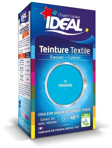 IDEAL - Teinture Tissus Liquide Mini 15 Turquoise - 40 ml + 1 Dose de Fixateur 50 g - Teinture Textile Longue Tenue - Coton, Lin, Soie, Viscose - Efficace dès 40°C - Fabrication Française