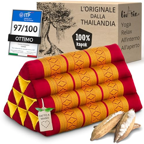 livasia cuscino per la schiena a fantasia - 30x50x30cm - cuscino triangolare per il giardino, cuscino a cuneo con kapok, vegano e fatto a mano (Rosso/Giallo)