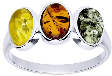 Trefärgad rund 3-sten bärnsten sterling silver ring – gul, grön, orange bärnsten smycken – storlekar L-R tillgängliga e Silver, N, cod. R6638M-M&M-CME-N-RING