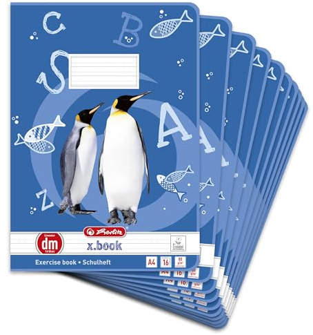Herlitz 11322401 skolbok (A4, linjering dm (linjerad med hjälplinje)) 16 ark, förpackning med 10
