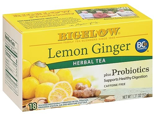 Bigelow Tea Lemon Ginger plus Probiotics Herbal Tea, Caffeine Free Tea with Lemon and Ginger, 18 Count Box (Pack of 6), 108 Total Tea Bags