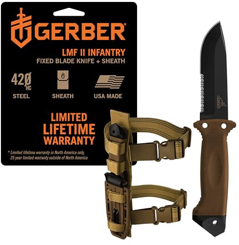 Gerber Survival-Messer mit Teilwellenschliff und Bein-Holster, LMF II Infantry, Klingenlänge: 12,3 cm, 420HC Stahl, 22-01463, Braun