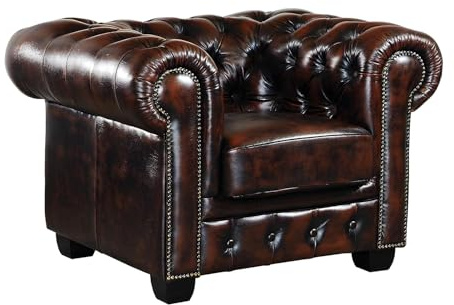 Vente-unique - Fauteuil Chesterfield Brenton 100% Cuir de Buffle - Marron Reflets châtains