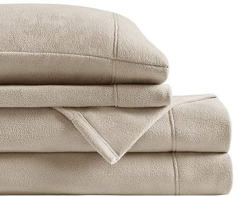 SLEEP PHILOSOPHY True North Micro Fleece Bed Sheet Set, Warm, Sheets with 14 Deep Pocket, for Cold Season Cozy Sheet-Set, Matching Pillow Case, Twin XL, Khaki, 3 Piece