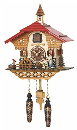 Trenkle Quartz Cuckoo Clock Black Forest House with Moving Black Forest Woman and Mill Wheel, with Music TU 4215 QM