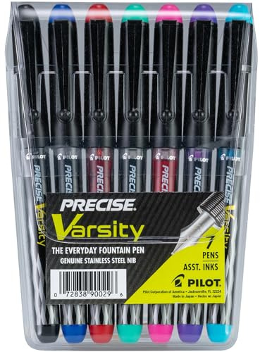 Pilot Precise Varsity Pre-Filled Fountain Pens for Writing, Medium Point Stainless Steel Nib, Black/Blue/Red/Pink/Green/Purple/Turquoise Ink, 1.0mm, 7-Pack