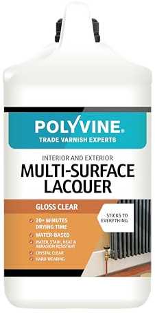 Polyvine Multi-Surface Lacquer Gloss, Satin or Dead Flat - Professional Quick Dry Clear Lacquer - Exterior, Interior Water Based Clear Sealer Protective Coating - Water & Heat Resistant, Gloss 4L