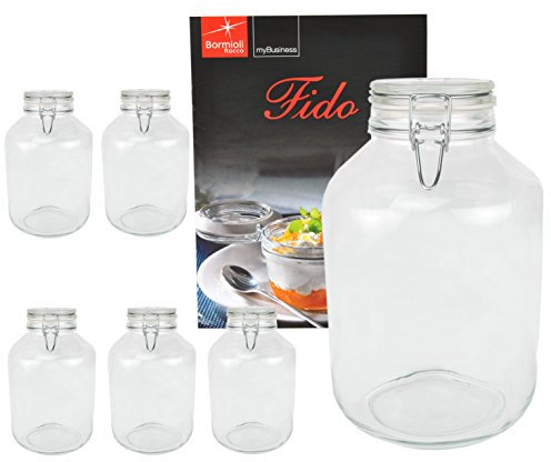 Bormioli Fido Lot de 6 bocaux en verre avec bouchon mécanique 4 l avec livret de recettes