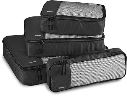 Amazon Basics Organizador Para Maletas, Organizadores de Viaje, con Cremallera, Juego de 4 Bolsas, Grande/Mediano/Pequeño/Delgado, Negro