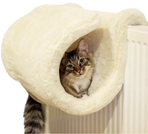 Rosewood Luxury Cat Tunnel Radiator Bed – Sturdy Metal Frame with Removable Soft Faux Fur Cover, Neutral Cream Cosy Bed, Elevated Hideaway Tunnel for Cats & Kittens
