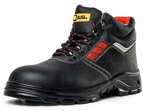 Black Hammer Mens Safety Boots Leather S3 SRC Black Steel Toe Cap Work Shoes Ankle 5993 (9 UK)