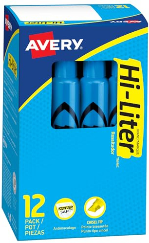 Avery Hi-Liter Desk-Style Highlighters, Smear Safe Ink, Chisel Tip, 12 Fluorescent Blue Highlighters (24016)