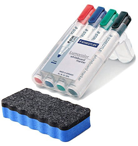 STAEDTLER 351 WP4 Lumocolor Whiteboardmarker, 4 Stück in aufstellbarer Box, farblich sortiert im Bonus Pack mit blauem Löscher (1, Stifte + Löscher Blau)