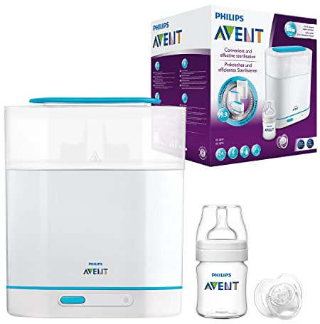 Philips Avent SCF285/02 elektrischer 3-in-1 Sterilisator inklusiv 1x Flasche 125 ml und 1x Schnuller weiß/türkis 1 Stück (1er Pack)