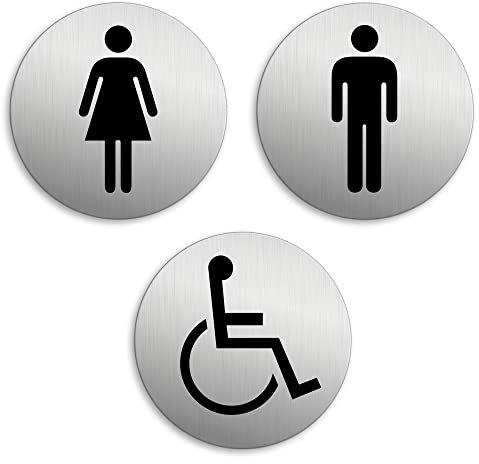 Plaques de Porte - WC Toilettes Hommes Femmes Handicapés Lot de 3 Ø 75 mm Plaque signalétique Aluminium brossé Argent
