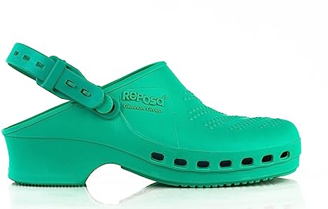 REPOSA Complete - Zuecos Sanitarios Mujer y Hombre en Goma SEBS Sin Látex, Zuecos Enfermera Anatómicos con Correa Trasera Ajustable, Zapatos Sanitarios Esterilizables, Antishock y Transpirables